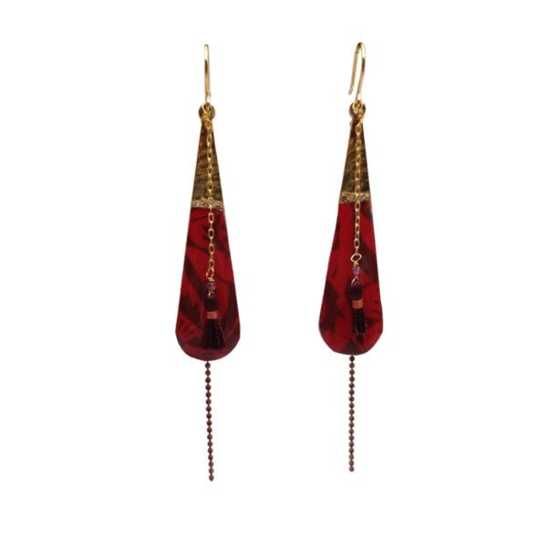 Boucles d'oreilles en forme de goutte avec motif rouge et or et pompons rouges