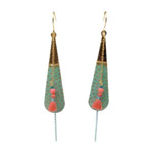 Boucles d'oreilles en forme de goutte vertes et dorée avec un pompon rose